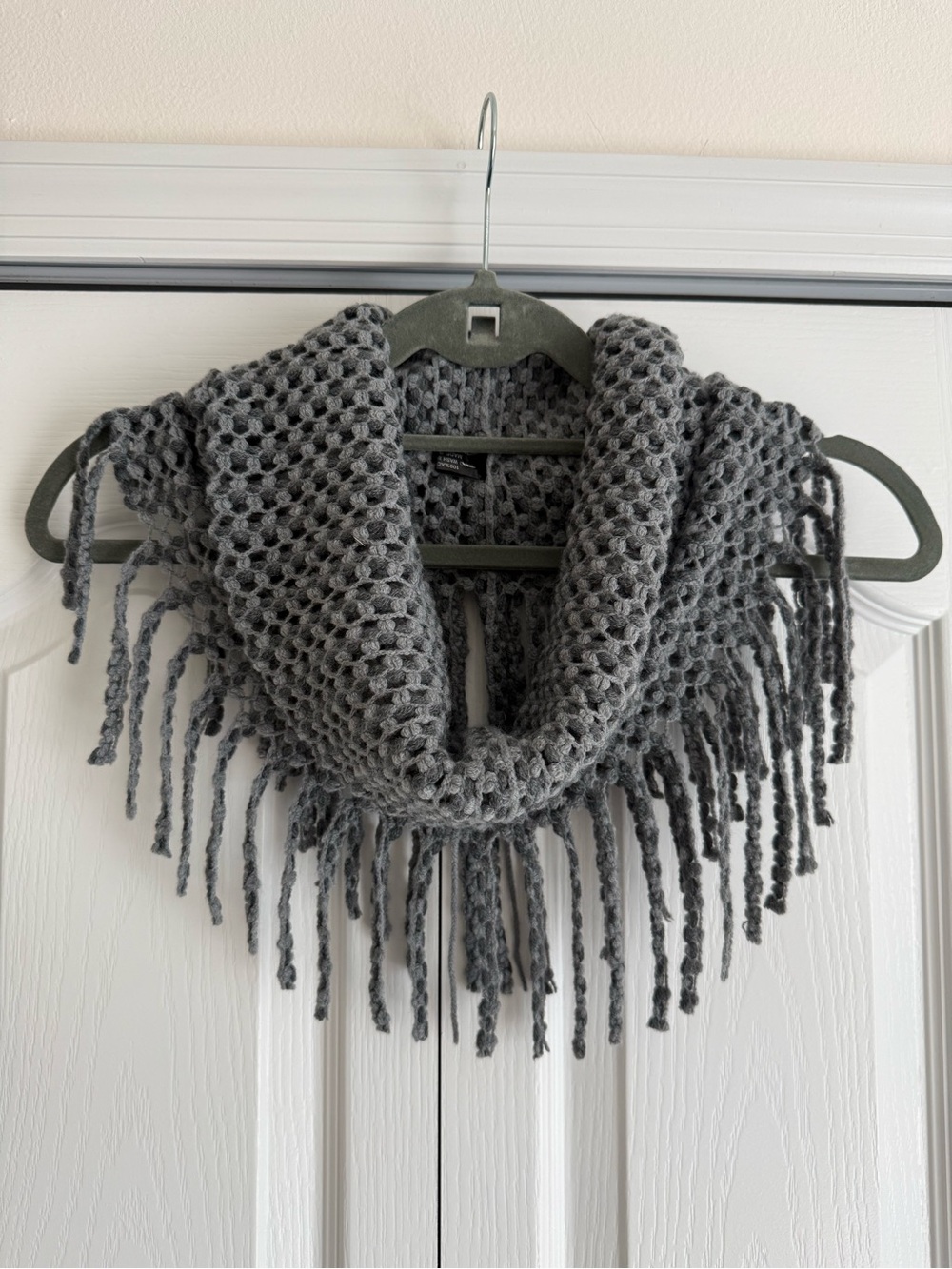 Cozy Gray Knit Fringe Infinity Scarf